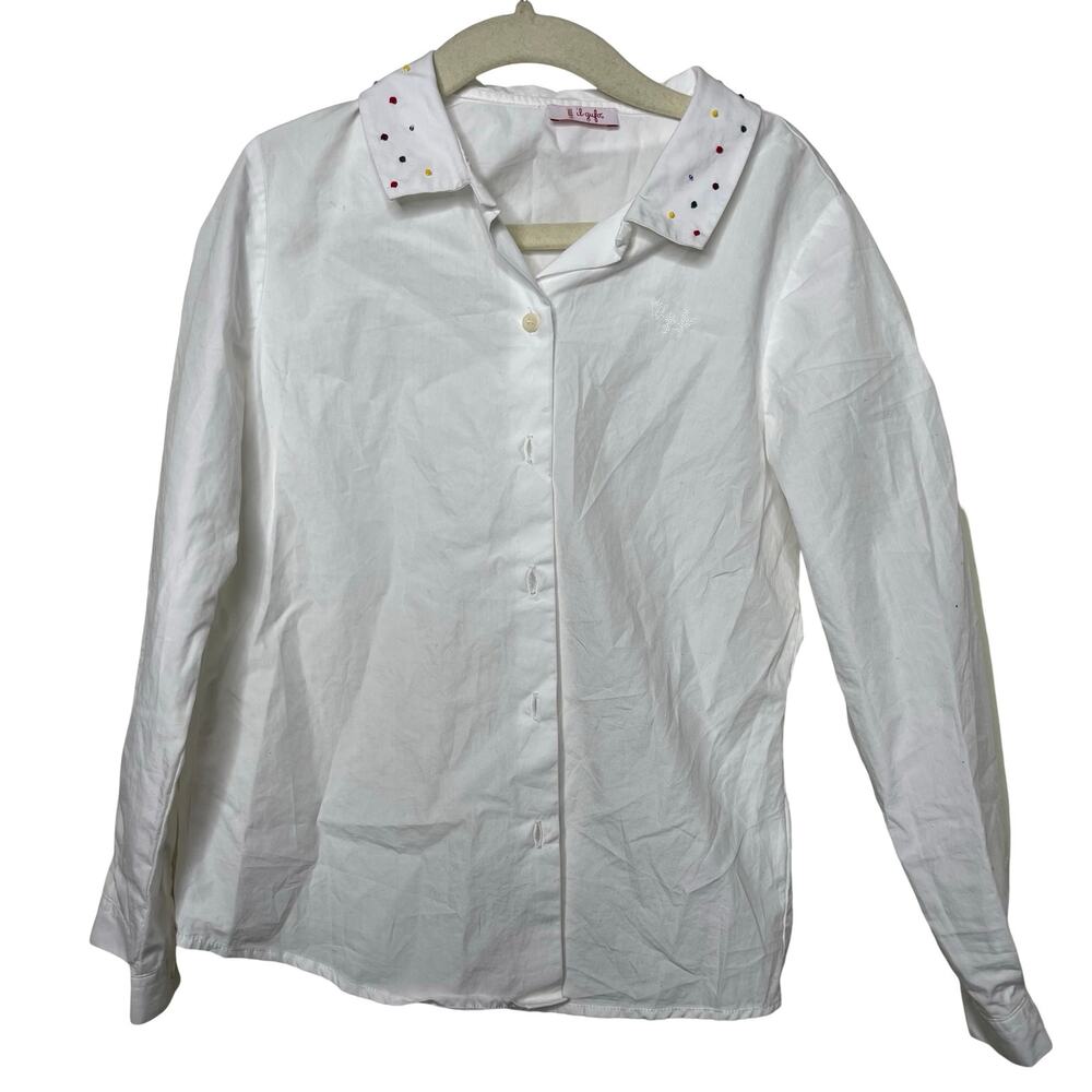 Il Gufo girl white cotton camicia m lunga embroidered collar button down shirt 8